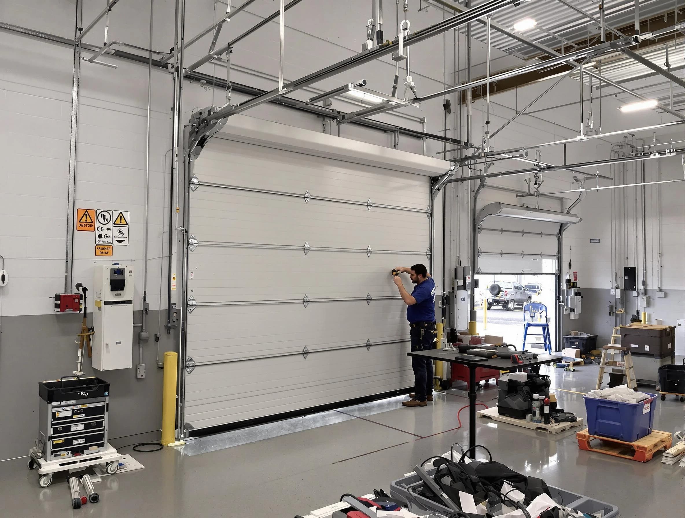 Commercial garage door repair being performed by Sherrelwood Garage Door Repair expert in Sherrelwood