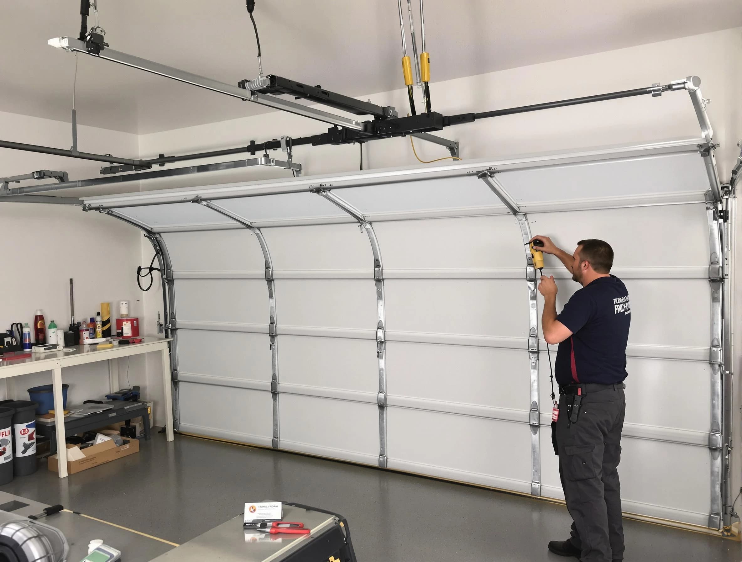 Sherrelwood Garage Door Repair certified technician performing overhead door system repair in Sherrelwood