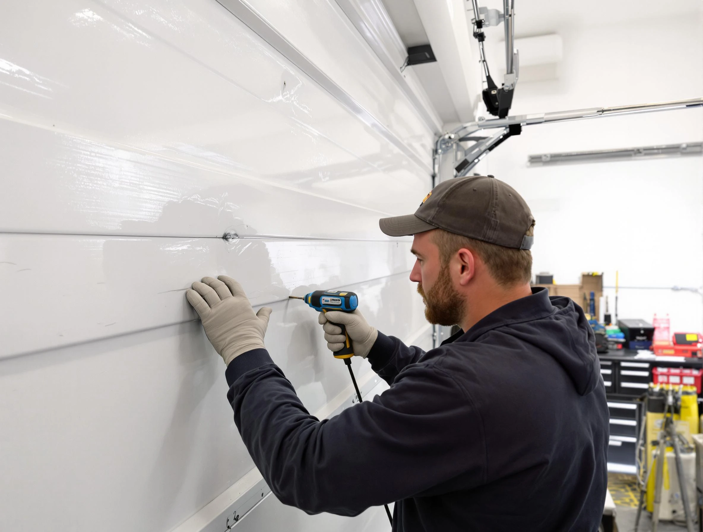 Sherrelwood Garage Door Repair technician demonstrating precision dent removal techniques on a Sherrelwood garage door